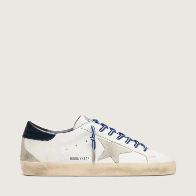 Golden Goose Super-Star Ltd In White Leather With Suede Star And Blue Leather Heel Tab Golden Goose Super-Star Ltd In White Leather With Suede Star And Blue Leather Heel Tab