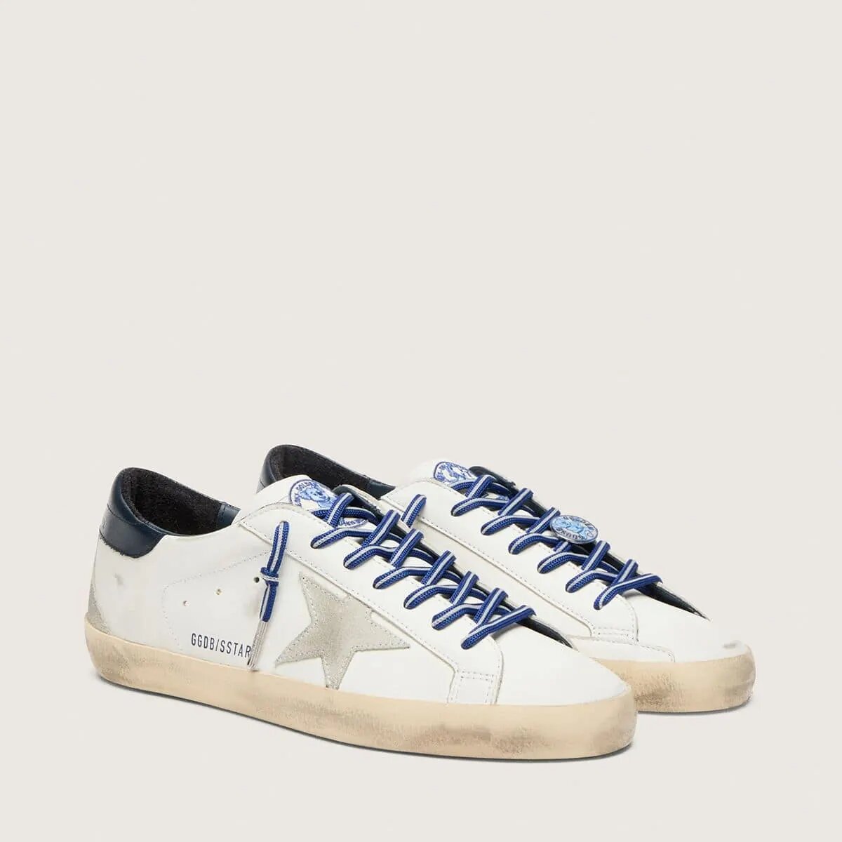 Golden Goose Super-Star Ltd In White Leather With Suede Star And Blue Leather Heel Tab Golden Goose Super-Star Ltd In White Leather With Suede Star And Blue Leather Heel Tab