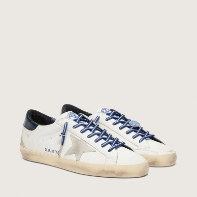 Golden Goose Super-Star Ltd In White Leather With Suede Star And Blue Leather Heel Tab Golden Goose Super-Star Ltd In White Leather With Suede Star And Blue Leather Heel Tab