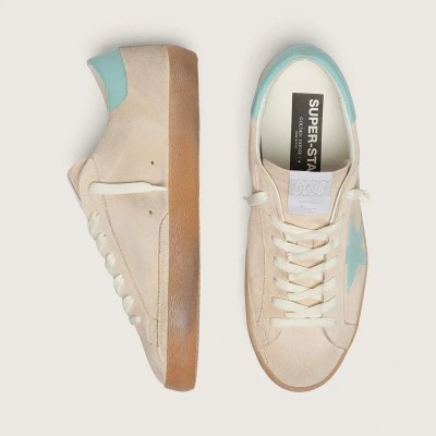 Golden Goose Super-Star In Beige Suede With Aqua-Green Star