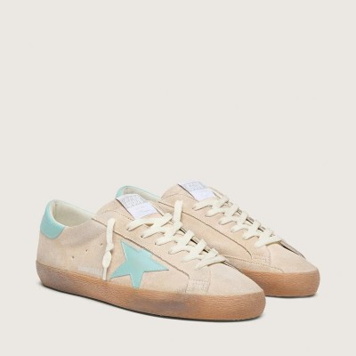 Golden Goose Super-Star In Beige Suede With Aqua-Green Star Golden Goose Super-Star In Beige Suede With Aqua-Green Star