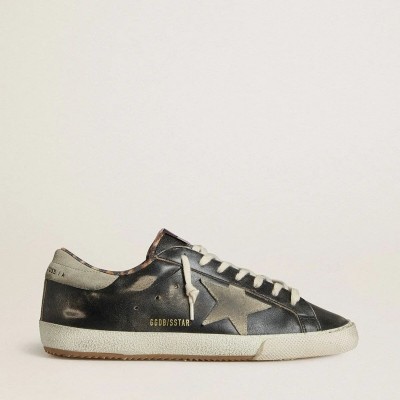 Golden Goose Super-Star In Black Leather With Gray Suede Star And Heel Tab Golden Goose Super-Star In Black Leather With Gray Suede Star And Heel Tab