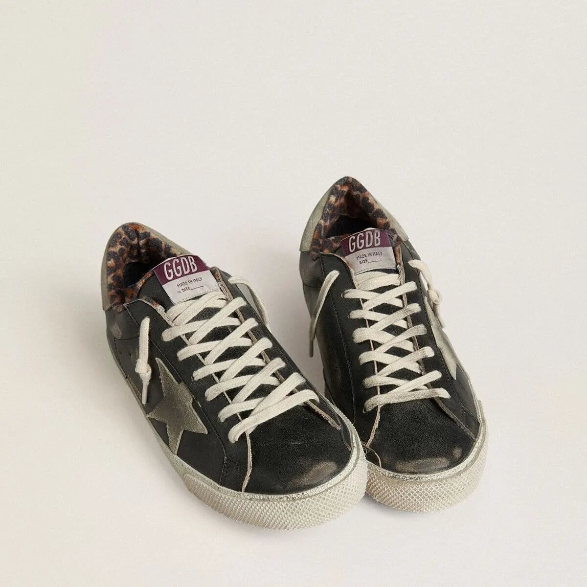 Golden Goose Super-Star In Black Leather With Gray Suede Star And Heel Tab Golden Goose Super-Star In Black Leather With Gray Suede Star And Heel Tab