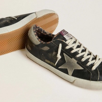 Golden Goose Super-Star In Black Leather With Gray Suede Star And Heel Tab Golden Goose Super-Star In Black Leather With Gray Suede Star And Heel Tab