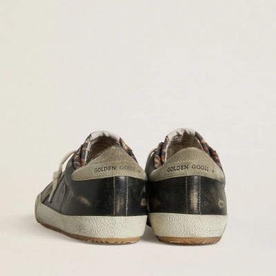 Golden Goose Super-Star In Black Leather With Gray Suede Star And Heel Tab Golden Goose Super-Star In Black Leather With Gray Suede Star And Heel Tab