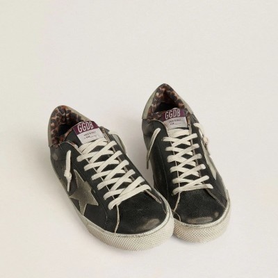 Golden Goose Super-Star In Black Leather With Gray Suede Star And Heel Tab Golden Goose Super-Star In Black Leather With Gray Suede Star And Heel Tab