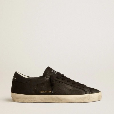 Golden Goose Super-Star In Black Nubuck With Perforated Star And Black Nubuck Heel Tab Golden Goose Super-Star In Black Nubuck With Perforated Star And Black Nubuck Heel Tab