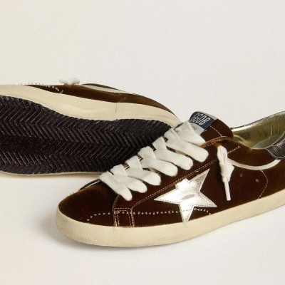 Golden Goose Super-Star In Cognac Velvet With Metallic Leather Star And Heel Tab Golden Goose Super-Star In Cognac Velvet With Metallic Leather Star And Heel Tab