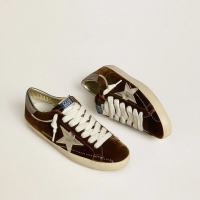 Golden Goose Super-Star In Cognac Velvet With Metallic Leather Star And Heel Tab Golden Goose Super-Star In Cognac Velvet With Metallic Leather Star And Heel Tab