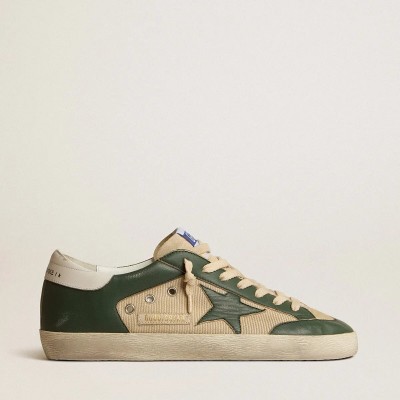 Golden Goose Super-Star In Cream Mesh And Green Nappa With Nappa Star Golden Goose Super-Star In Cream Mesh And Green Nappa With Nappa Star