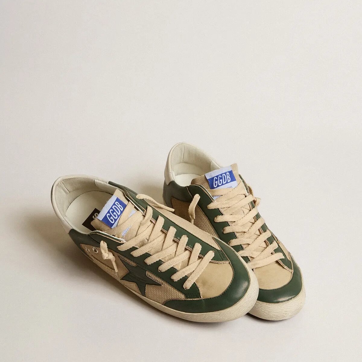 Golden Goose Super-Star In Cream Mesh And Green Nappa With Nappa Star Golden Goose Super-Star In Cream Mesh And Green Nappa With Nappa Star