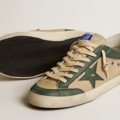 Golden Goose Super-Star In Cream Mesh And Green Nappa With Nappa Star Golden Goose Super-Star In Cream Mesh And Green Nappa With Nappa Star