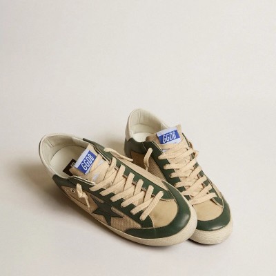 Golden Goose Super-Star In Cream Mesh And Green Nappa With Nappa Star Golden Goose Super-Star In Cream Mesh And Green Nappa With Nappa Star