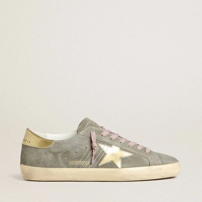 Golden Goose Super-Star In Gray Suede With Gold Metallic Leather Star And Heel Tab Golden Goose Super-Star In Gray Suede With Gold Metallic Leather Star And Heel Tab
