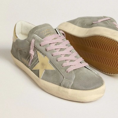 Golden Goose Super-Star In Gray Suede With Gold Metallic Leather Star And Heel Tab Golden Goose Super-Star In Gray Suede With Gold Metallic Leather Star And Heel Tab