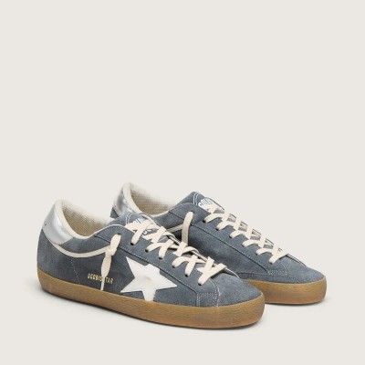Golden Goose Super-Star In Gray Suede With White Leather Star And Silver Leather Heel Tab Golden Goose Super-Star In Gray Suede With White Leather Star And Silver Leather Heel Tab