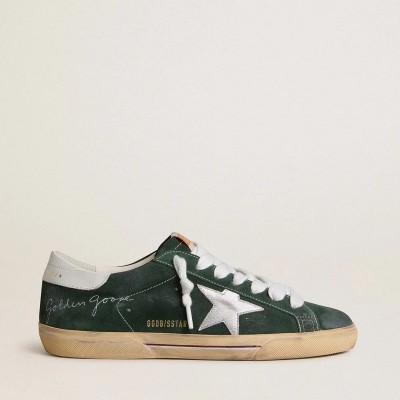 Golden Goose Super-Star In Green Suede With Silver Metallic Leather Star And Leather Heel Tab Golden Goose Super-Star In Green Suede With Silver Metallic Leather Star And Leather Heel Tab