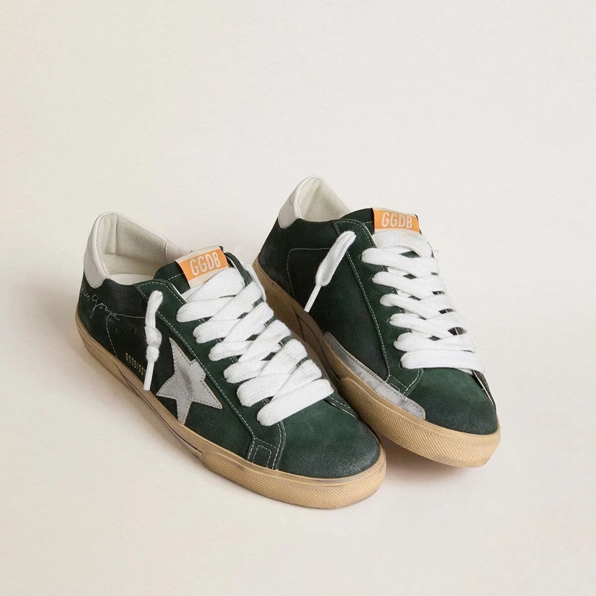 Golden Goose Super-Star In Green Suede With Silver Metallic Leather Star And Leather Heel Tab Golden Goose Super-Star In Green Suede With Silver Metallic Leather Star And Leather Heel Tab