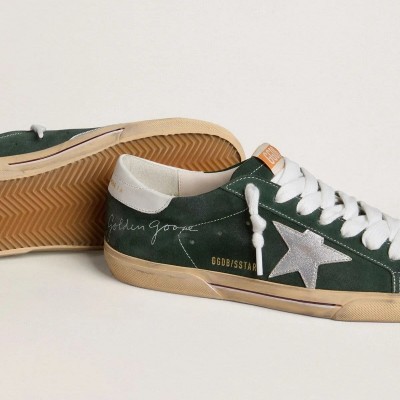 Golden Goose Super-Star In Green Suede With Silver Metallic Leather Star And Leather Heel Tab Golden Goose Super-Star In Green Suede With Silver Metallic Leather Star And Leather Heel Tab