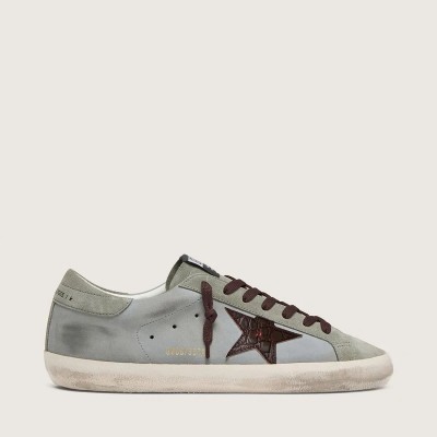 Golden Goose Super-Star In Light Blue Leather With Burgundy Croc-Print Star Golden Goose Super-Star In Light Blue Leather With Burgundy Croc-Print Star