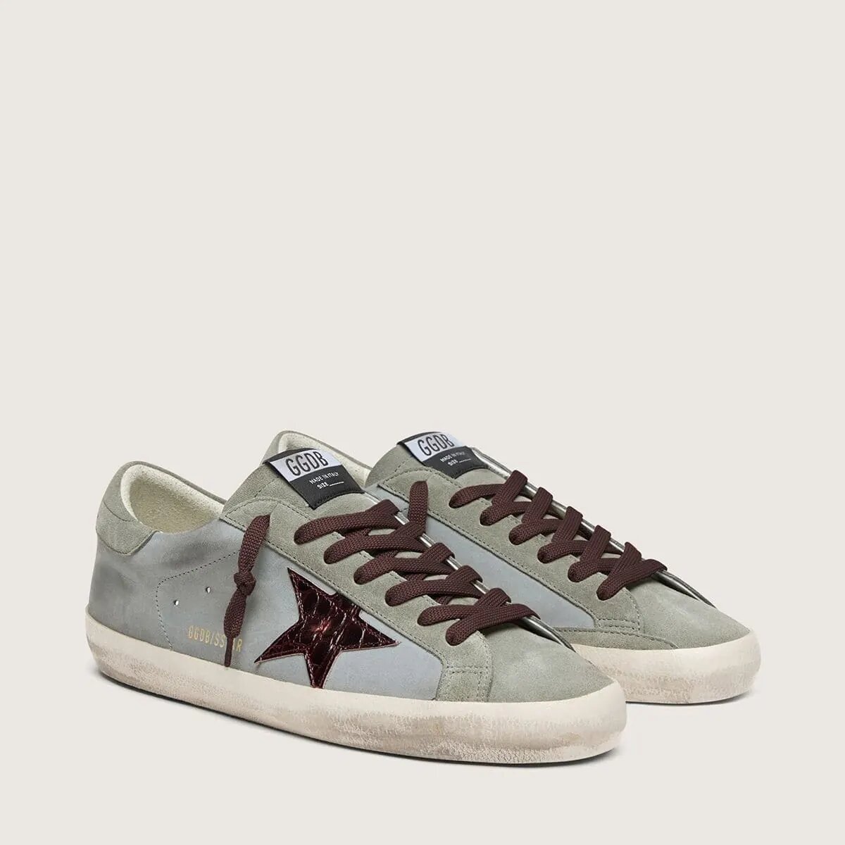 Golden Goose Super-Star In Light Blue Leather With Burgundy Croc-Print Star Golden Goose Super-Star In Light Blue Leather With Burgundy Croc-Print Star