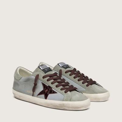Golden Goose Super-Star In Light Blue Leather With Burgundy Croc-Print Star Golden Goose Super-Star In Light Blue Leather With Burgundy Croc-Print Star