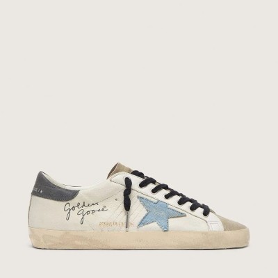 Golden Goose Super-Star In Nappa Leather With Light Blue Suede Star And Gray Leather Heel Tab Golden Goose Super-Star In Nappa Leather With Light Blue Suede Star And Gray Leather Heel Tab