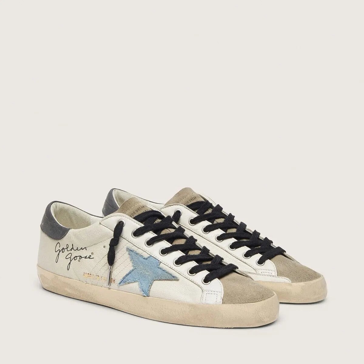 Golden Goose Super-Star In Nappa Leather With Light Blue Suede Star And Gray Leather Heel Tab Golden Goose Super-Star In Nappa Leather With Light Blue Suede Star And Gray Leather Heel Tab
