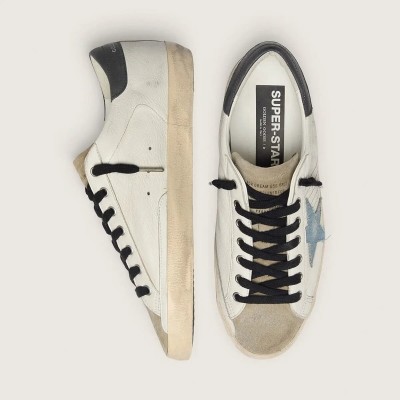 Golden Goose Super-Star In Nappa Leather With Light Blue Suede Star And Gray Leather Heel Tab Golden Goose Super-Star In Nappa Leather With Light Blue Suede Star And Gray Leather Heel Tab
