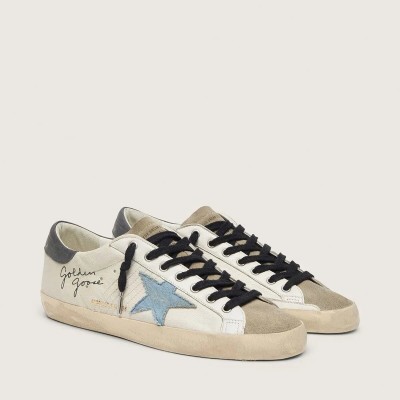 Golden Goose Super-Star In Nappa Leather With Light Blue Suede Star And Gray Leather Heel Tab Golden Goose Super-Star In Nappa Leather With Light Blue Suede Star And Gray Leather Heel Tab