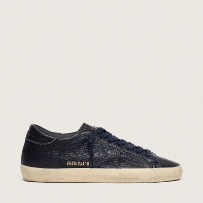 Golden Goose Super-Star In Navy-Blue Leather With Tone-On-Tone Leather Star Golden Goose Super-Star In Navy-Blue Leather With Tone-On-Tone Leather Star