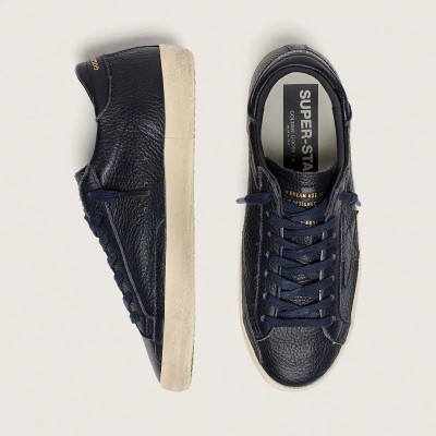 Golden Goose Super-Star In Navy-Blue Leather With Tone-On-Tone Leather Star Golden Goose Super-Star In Navy-Blue Leather With Tone-On-Tone Leather Star