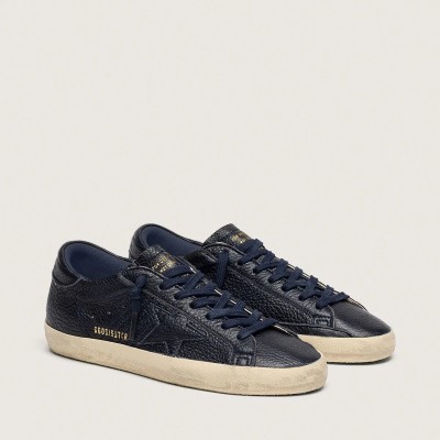 Golden Goose Super-Star In Navy-Blue Leather With Tone-On-Tone Leather Star Golden Goose Super-Star In Navy-Blue Leather With Tone-On-Tone Leather Star