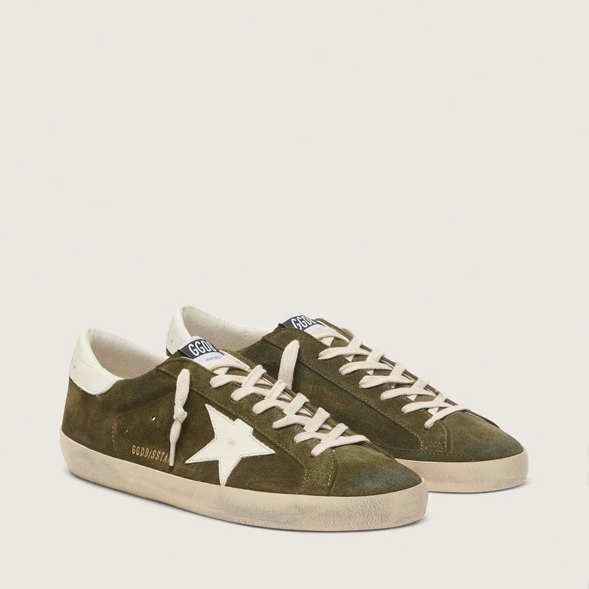 Golden Goose Super-Star In Olive-Green Suede With White Leather Star Golden Goose Super-Star In Olive-Green Suede With White Leather Star