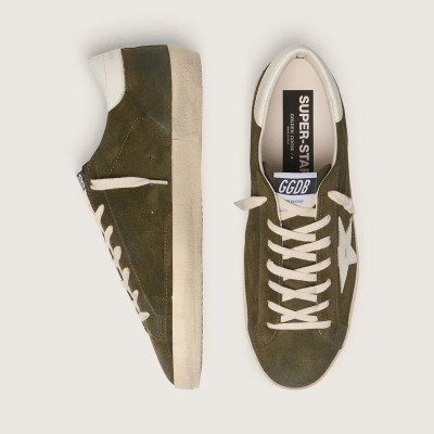 Golden Goose Super-Star In Olive-Green Suede With White Leather Star Golden Goose Super-Star In Olive-Green Suede With White Leather Star