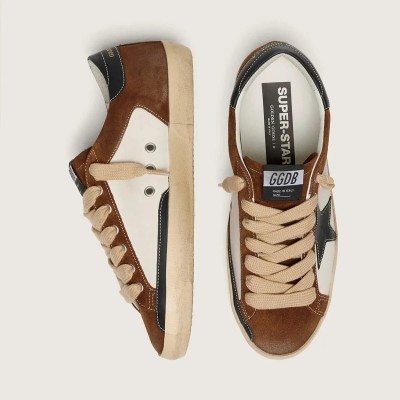 Golden Goose Super-Star In White Leather And Brown Suede With Black Leather Star Golden Goose Super-Star In White Leather And Brown Suede With Black Leather Star