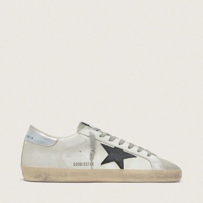 Golden Goose Super-Star In White Leather With Black Nubuck Star And Silver Metallic Leather Heel Tab Golden Goose Super-Star In White Leather With Black Nubuck Star And Silver Metallic Leather Heel Tab