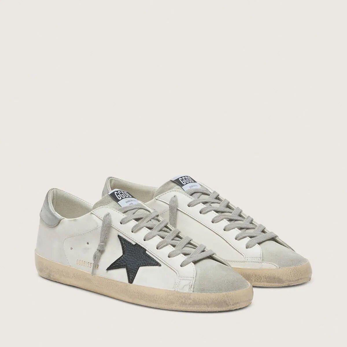 Golden Goose Super-Star In White Leather With Black Nubuck Star And Silver Metallic Leather Heel Tab Golden Goose Super-Star In White Leather With Black Nubuck Star And Silver Metallic Leather Heel Tab