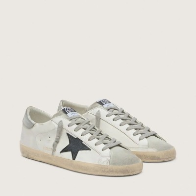 Golden Goose Super-Star In White Leather With Black Nubuck Star And Silver Metallic Leather Heel Tab Golden Goose Super-Star In White Leather With Black Nubuck Star And Silver Metallic Leather Heel Tab