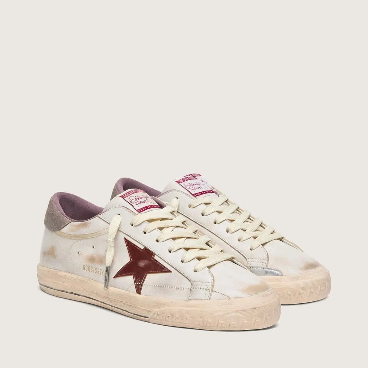 Golden Goose Super-Star In White Leather With Burgundy Laminated Leather Star Golden Goose Super-Star In White Leather With Burgundy Laminated Leather Star