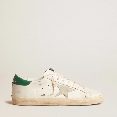 Golden Goose Super-Star In White Leather With Ice-Gray Suede Star And Green Leather Heel Tab Golden Goose Super-Star In White Leather With Ice-Gray Suede Star And Green Leather Heel Tab