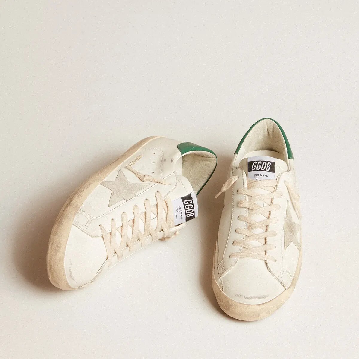 Golden Goose Super-Star In White Leather With Ice-Gray Suede Star And Green Leather Heel Tab Golden Goose Super-Star In White Leather With Ice-Gray Suede Star And Green Leather Heel Tab