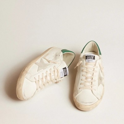Golden Goose Super-Star In White Leather With Ice-Gray Suede Star And Green Leather Heel Tab Golden Goose Super-Star In White Leather With Ice-Gray Suede Star And Green Leather Heel Tab