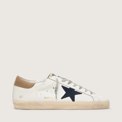 Golden Goose Super-Star In White Leather With Midnight-Blue Canvas Star And Tobacco Leather Heel Tab Golden Goose Super-Star In White Leather With Midnight-Blue Canvas Star And Tobacco Leather Heel Tab
