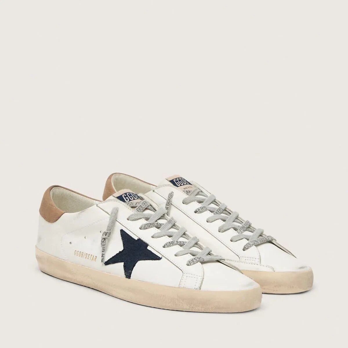 Golden Goose Super-Star In White Leather With Midnight-Blue Canvas Star And Tobacco Leather Heel Tab Golden Goose Super-Star In White Leather With Midnight-Blue Canvas Star And Tobacco Leather Heel Tab