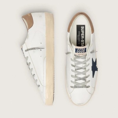 Golden Goose Super-Star In White Leather With Midnight-Blue Canvas Star And Tobacco Leather Heel Tab Golden Goose Super-Star In White Leather With Midnight-Blue Canvas Star And Tobacco Leather Heel Tab
