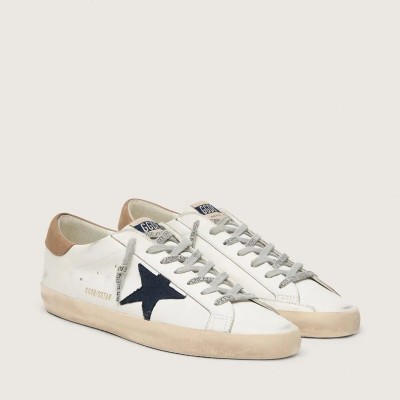 Golden Goose Super-Star In White Leather With Midnight-Blue Canvas Star And Tobacco Leather Heel Tab Golden Goose Super-Star In White Leather With Midnight-Blue Canvas Star And Tobacco Leather Heel Tab