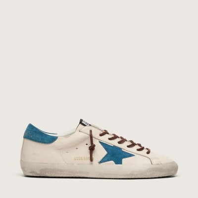Golden Goose Super-Star In White Leather With Turquoise Suede Star Golden Goose Super-Star In White Leather With Turquoise Suede Star
