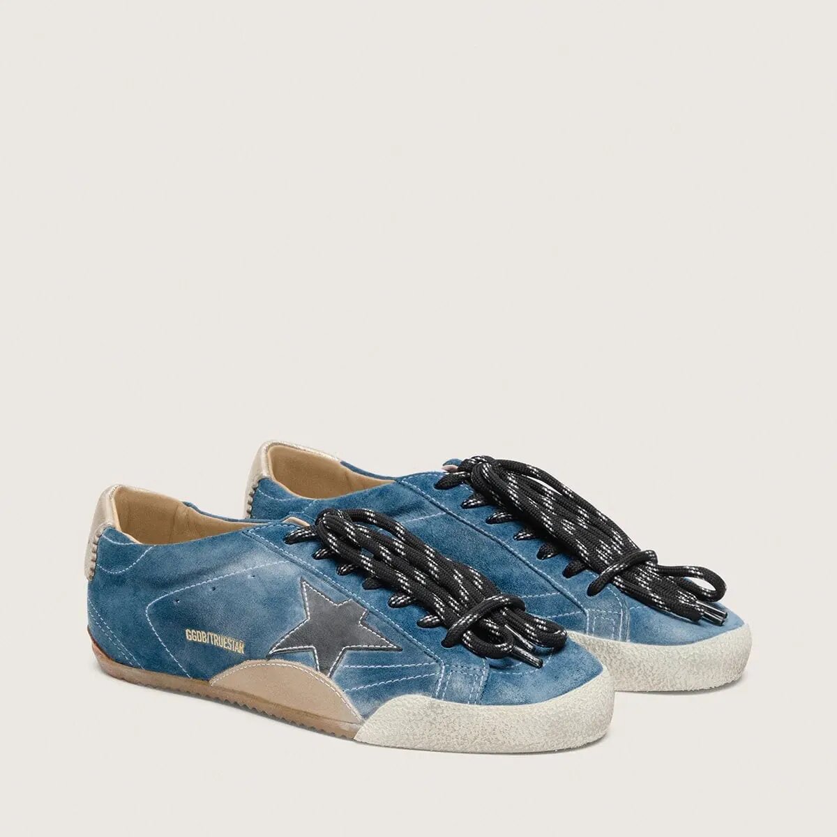 Golden Goose True-Star In Teal Suede With Black Star And Cream Heel Tab Golden Goose True-Star In Teal Suede With Black Star And Cream Heel Tab