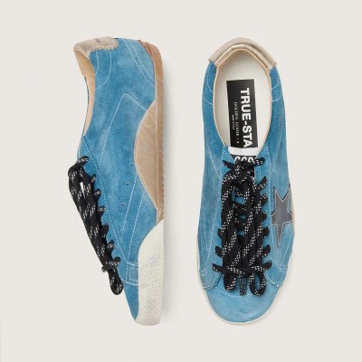 Golden Goose True-Star In Teal Suede With Black Star And Cream Heel Tab Golden Goose True-Star In Teal Suede With Black Star And Cream Heel Tab